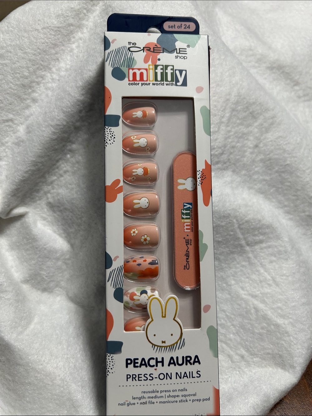 miffy Peach Aura Kids Press-On Nails — Peach & White Bunny Designs